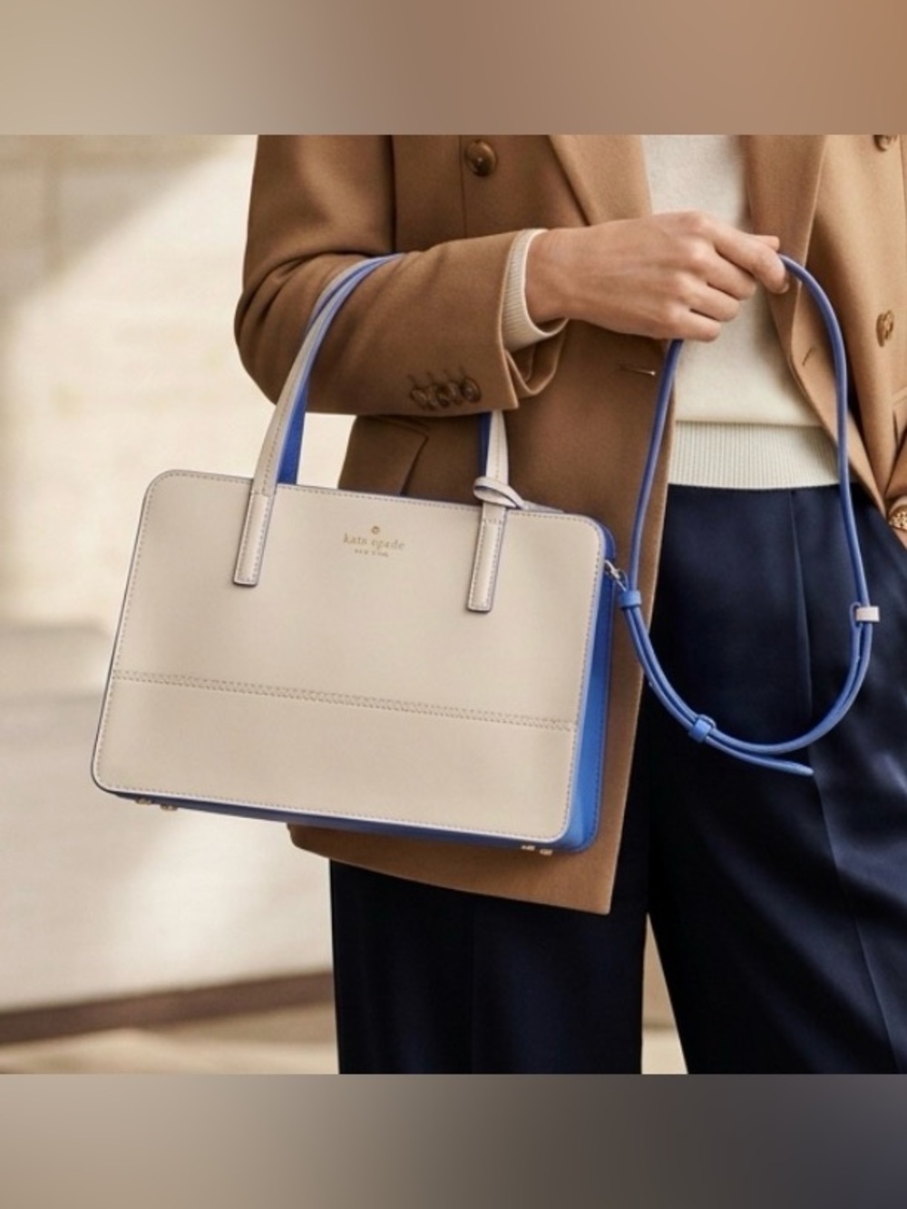 Kate Spade-Ilise Freeman Street Satchel Cream/blue Crossbody bag 11x7.5x 3” EUC